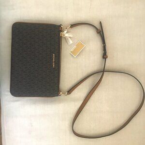 Michael Kors Jet Set Signature Logo Double Zip Crossbodybag Brown NWT